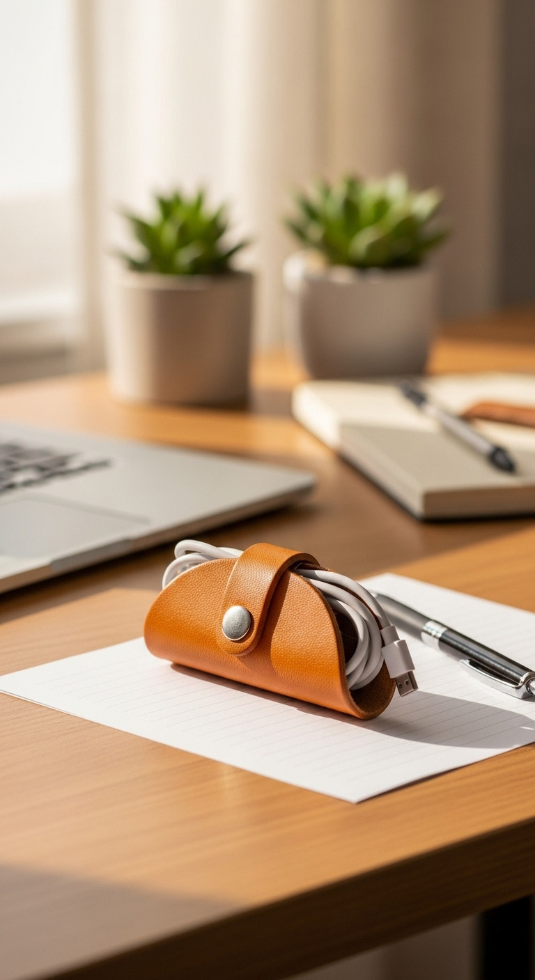 DIY taco shaped leather cord holder wrapped around a white charging cable on a wooden desk for teens