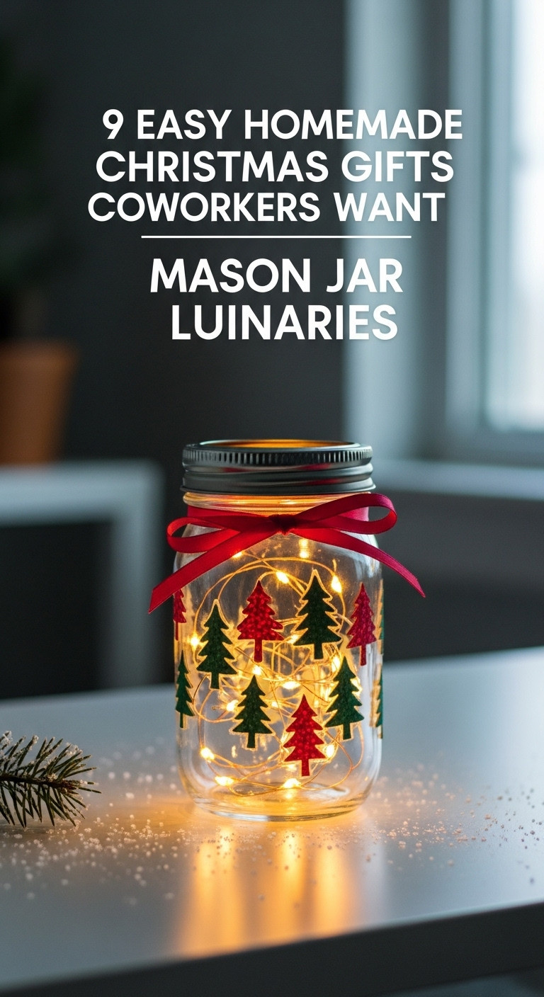 Decorated mason jar luminary with warm fairy lights and a red ribbon for homemade coworker Christmas gifts