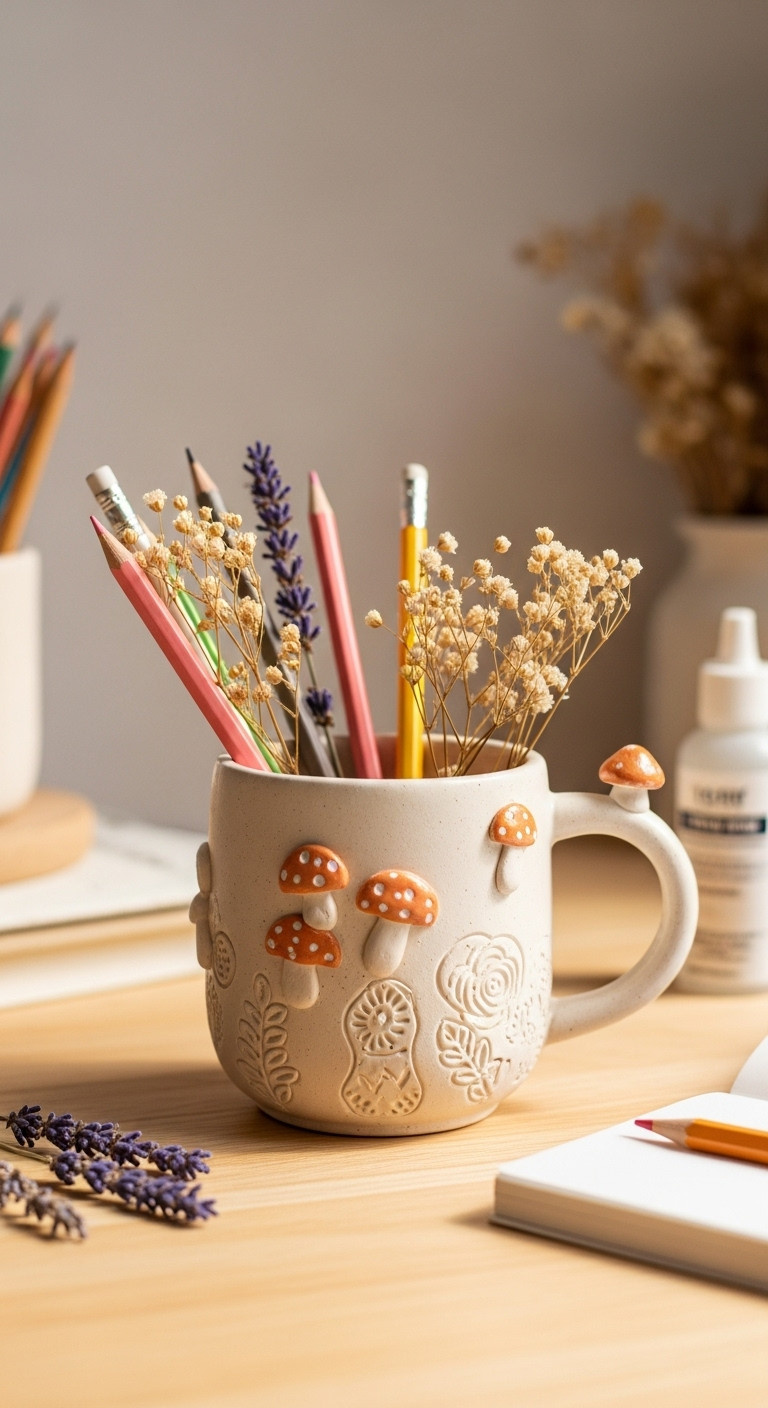 Decorative air-dry clay mug with whimsical sculpted mushrooms, pastel painting, holding dried flowers on wooden table.