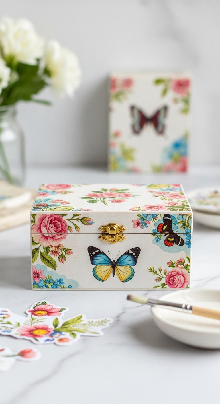 Decoupage wooden jewelry box with vintage floral and butterfly paper a crafting space background with brush glue and paper cutouts