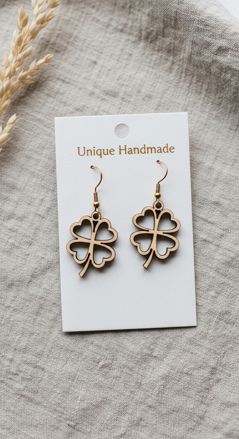 Delicate laser-cut wooden four leaf clover earrings on gray linen with silver chain jewelry box and pearl beads