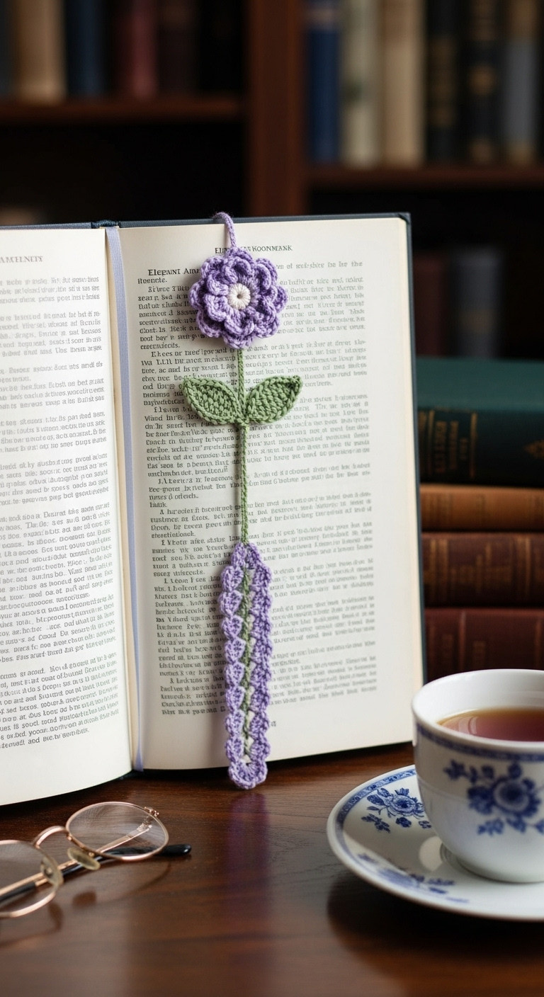 Delicate lavender crochet flower bookmark in a vintage hardcover book on a dark wooden desk with reading glasses and tea
