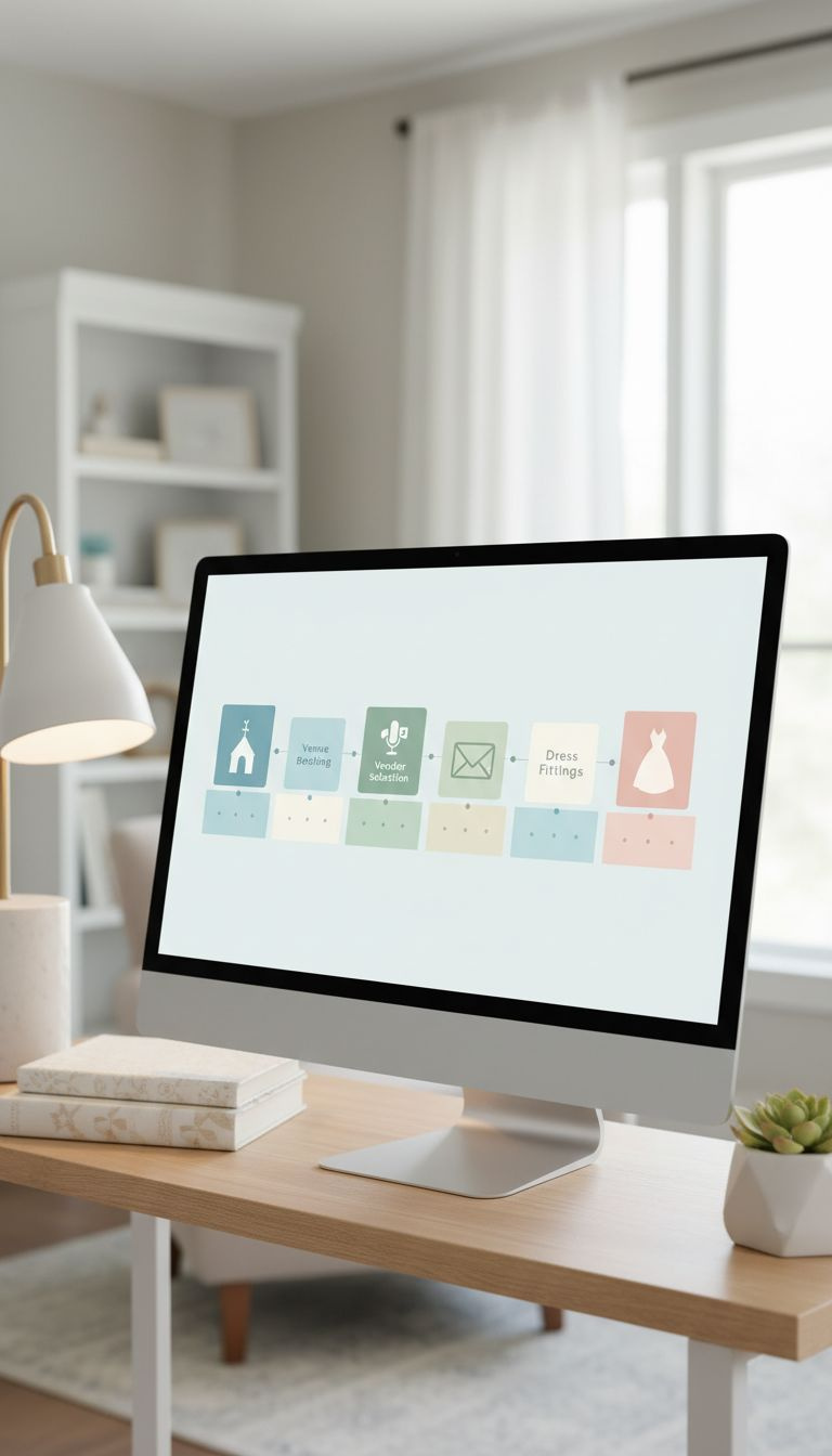 Detailed 12-month wedding planning timeline with key milestones, books, desk lamp, plant on an organized shelf.