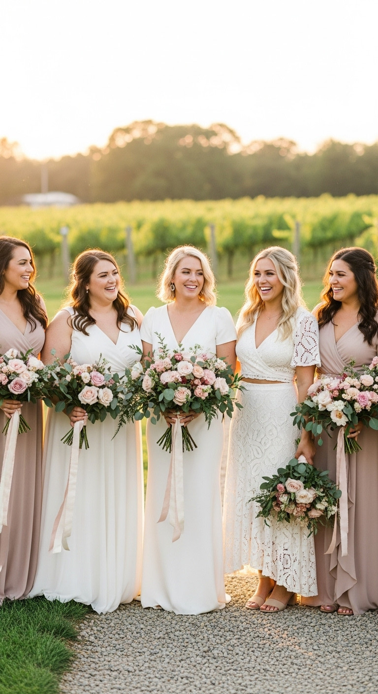 Diverse brides in flattering, inclusive elopement dresses, A-line & wrap, smiling in blooming park, golden hour light.