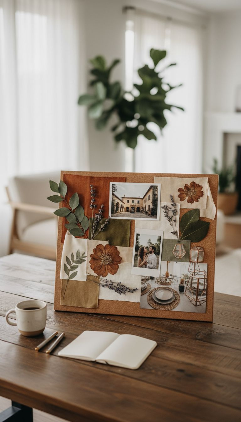 Dream wedding vision board with fabric, flowers, venue inspiration, terracotta & sage green on rustic wood.