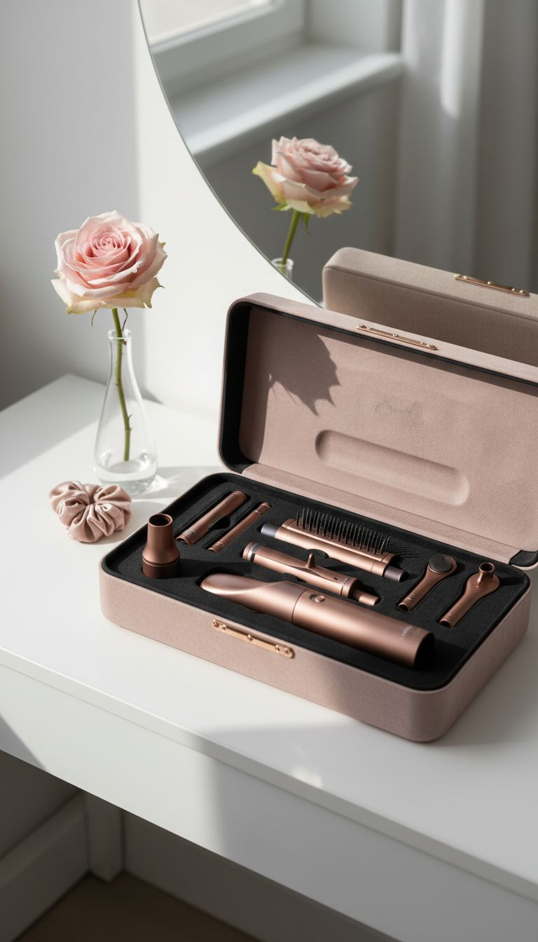 Dyson Airwrap special holiday edition multi styler hair tool with attachments on white dressing table