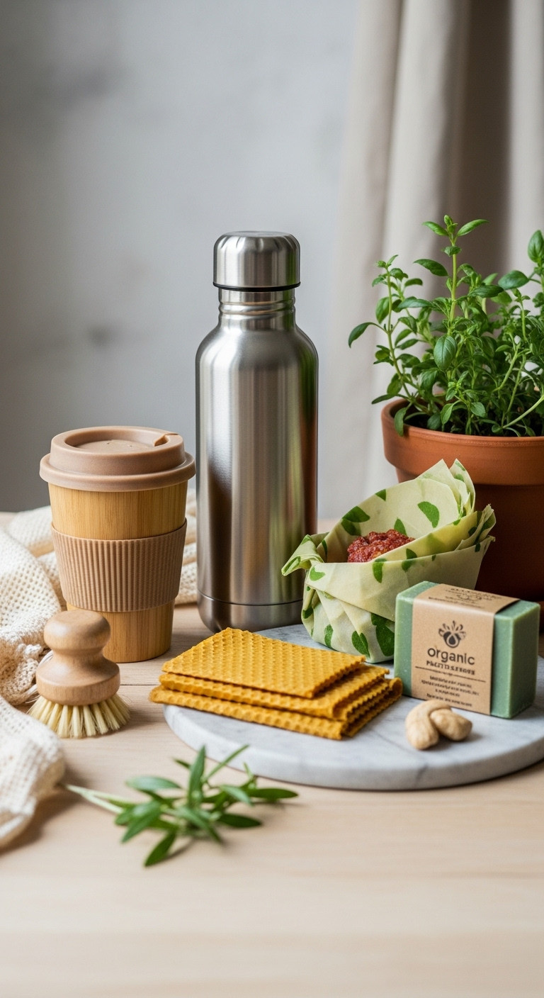 Eco-friendly sustainable Christmas gift ideas flat lay with reusable cup water bottle beeswax wraps organic soap potted herb plant natural wood background