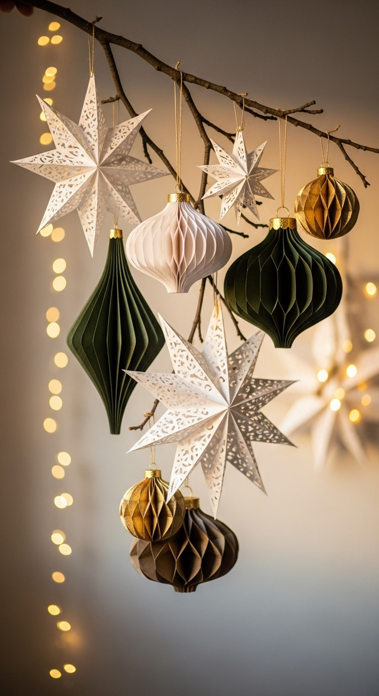 Elegant 3D paper star and bauble Christmas ornaments in white gold and forest green hanging from a branch with twinkling lights