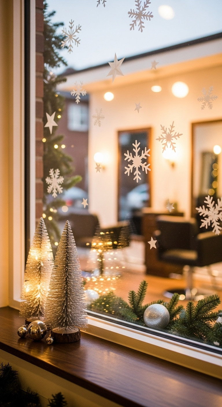 Elegant Christmas beauty salon window display with snowflake decals and frosted mini trees