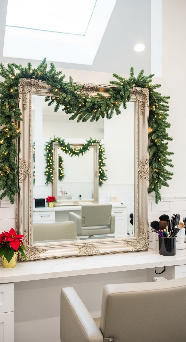 Elegant Christmas garland draped across a salon mirror at a stylish hair styling station