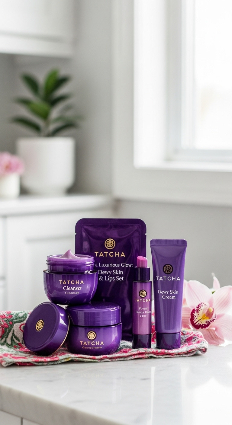 Elegant Tatcha Dewy Skin and Lips Set with cleanser lip mask and cream on marble countertop with orchid