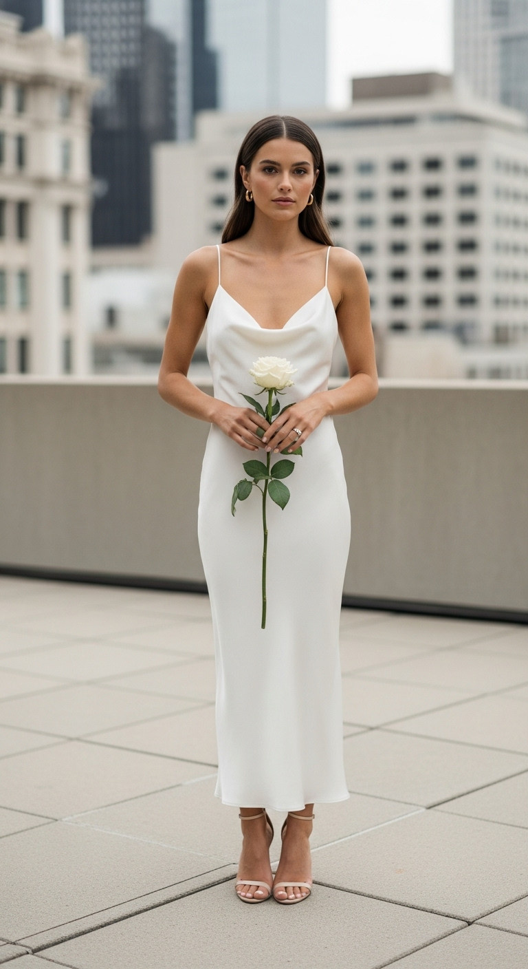 Elegant bride in a sleek silk minimalist slip elopement dress, spaghetti straps, gold jewelry, white rose, modern urban rooftop.