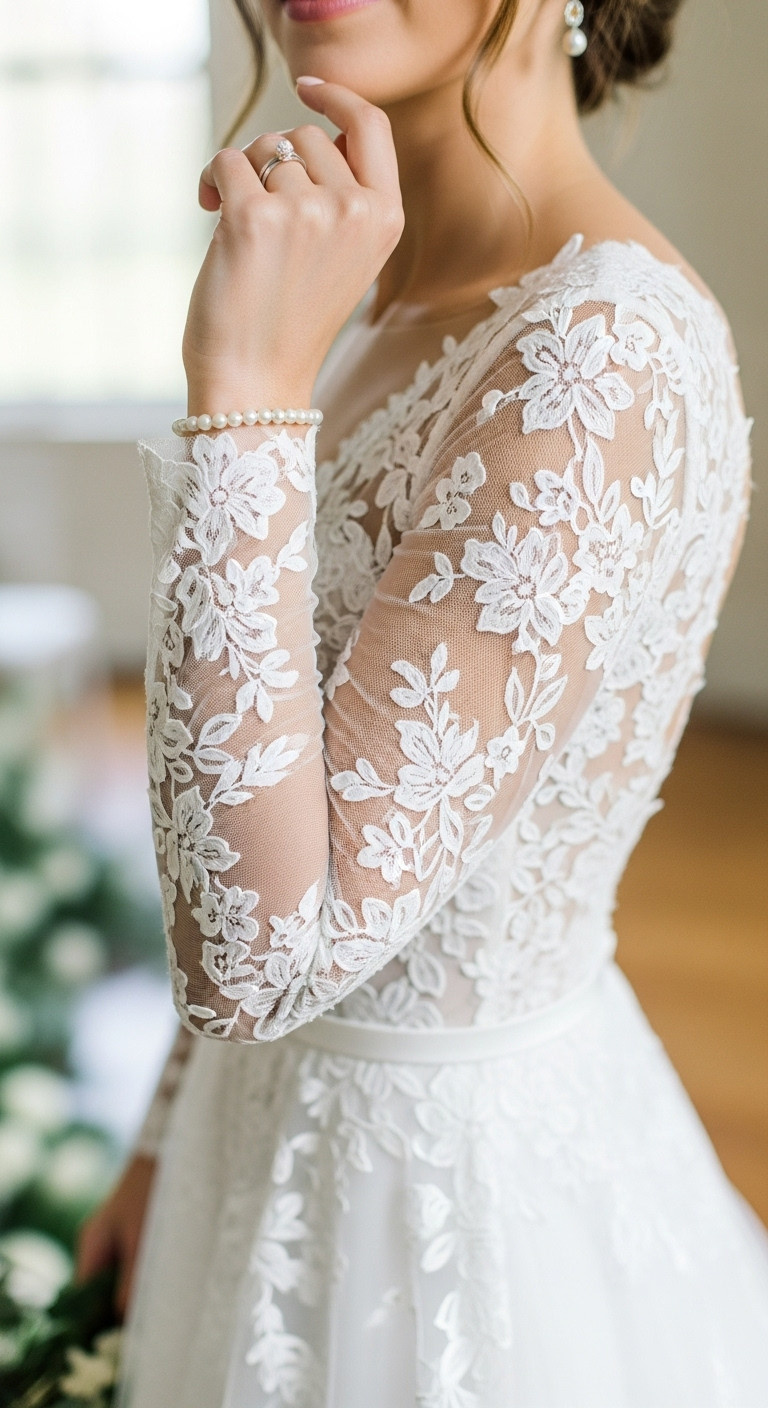 Elegant bride in an illusion lace long sleeve wedding dress featuring intricate floral appliqués on arm and shoulder, soft wedding setting.
