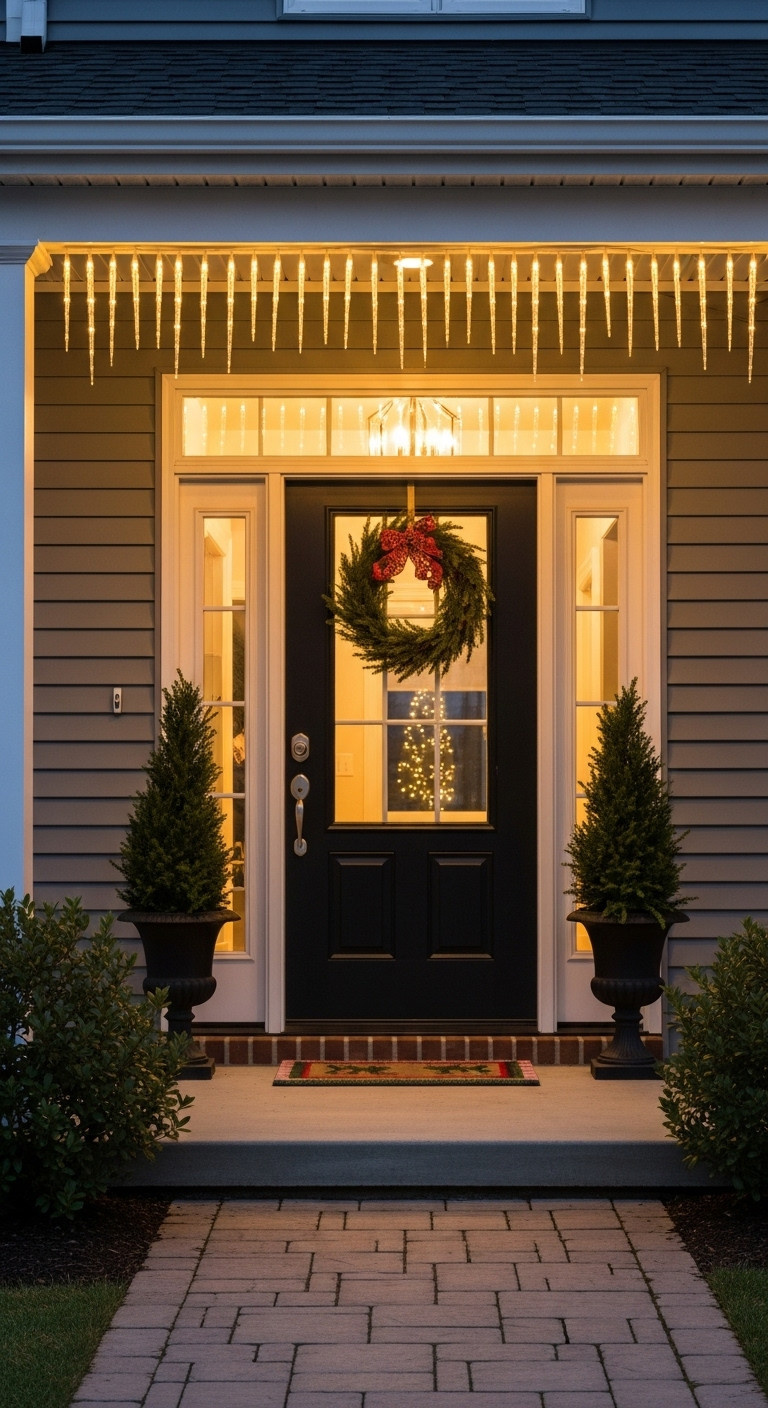 Elegant cascading icicle lights adorning a welcoming front porch at twilight with evergreen planters and a holiday doormat