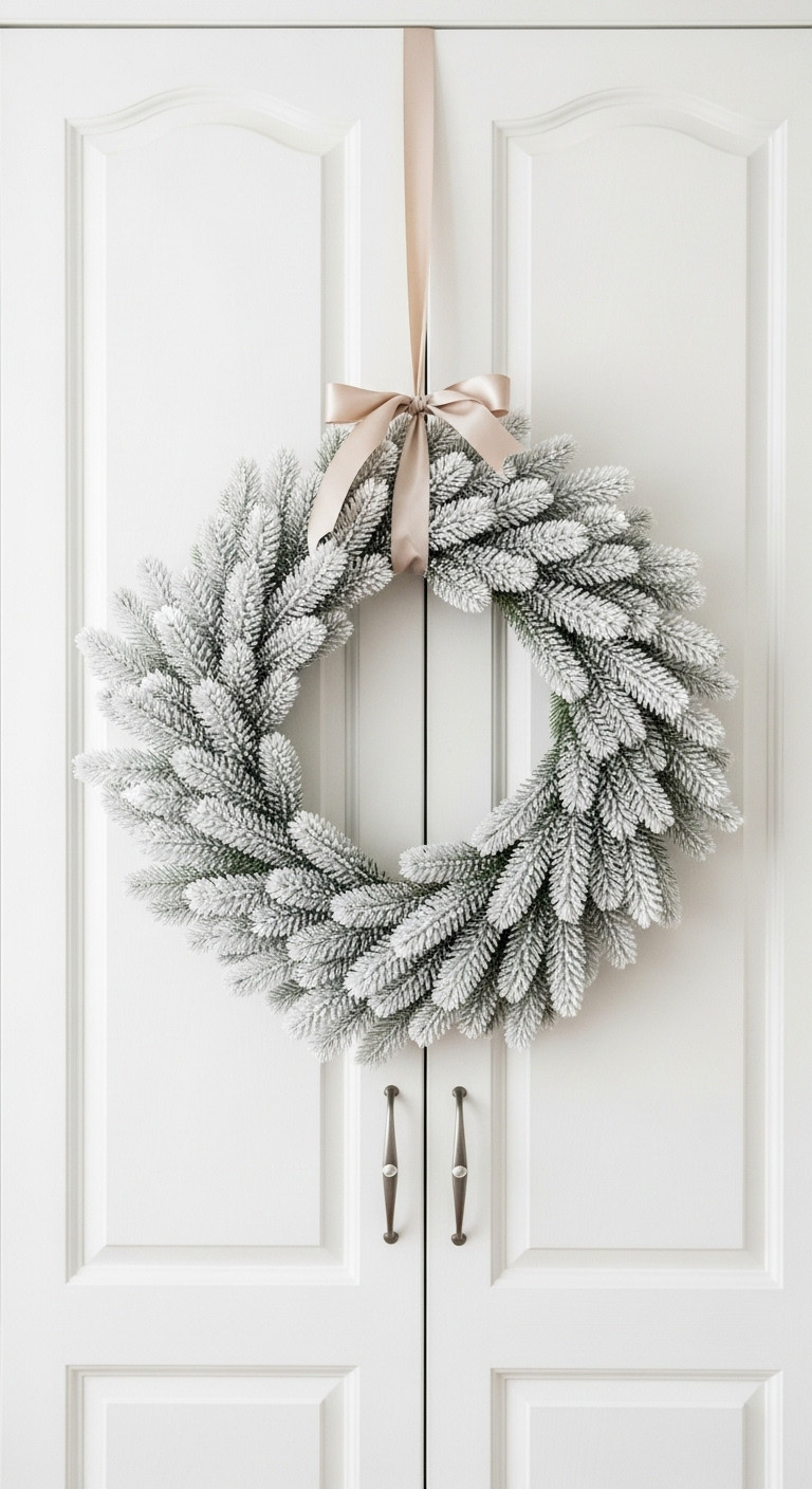 Elegant flocked pine wreath with satin ribbon on a white bedroom closet door