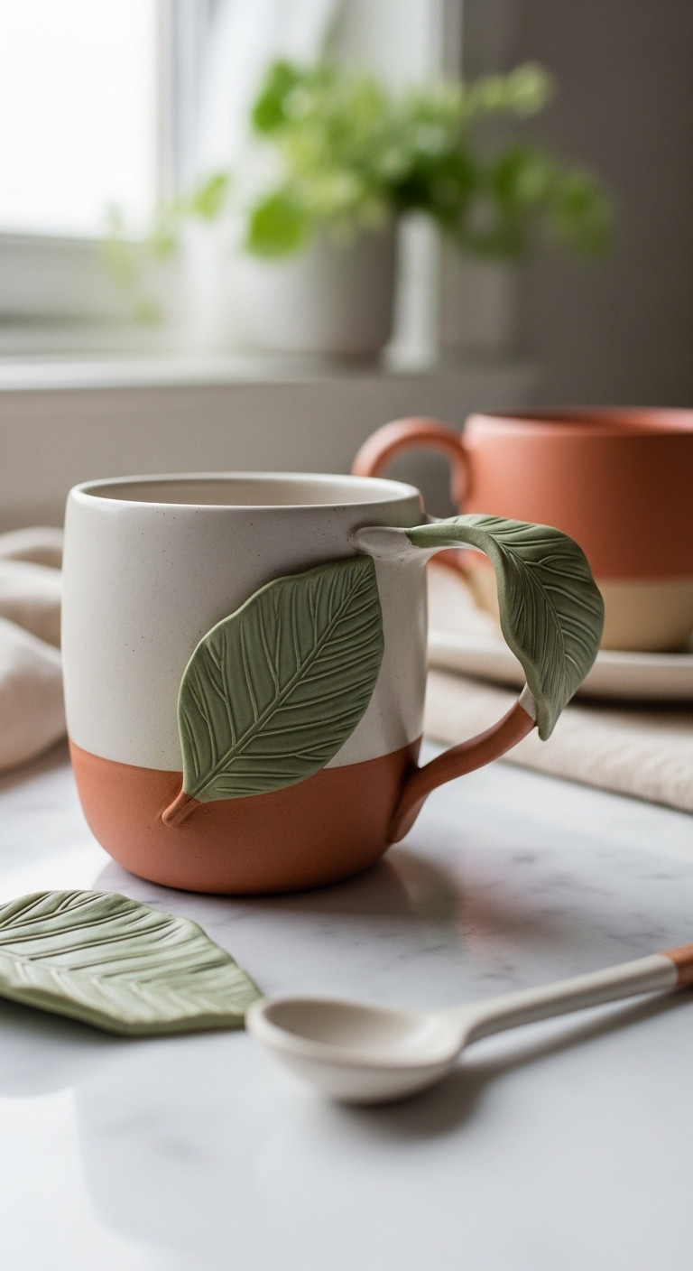 Elegant hand-built clay mug with intricate sculptural leaf-shaped handle, matte earthy finish on marble, soft window light.