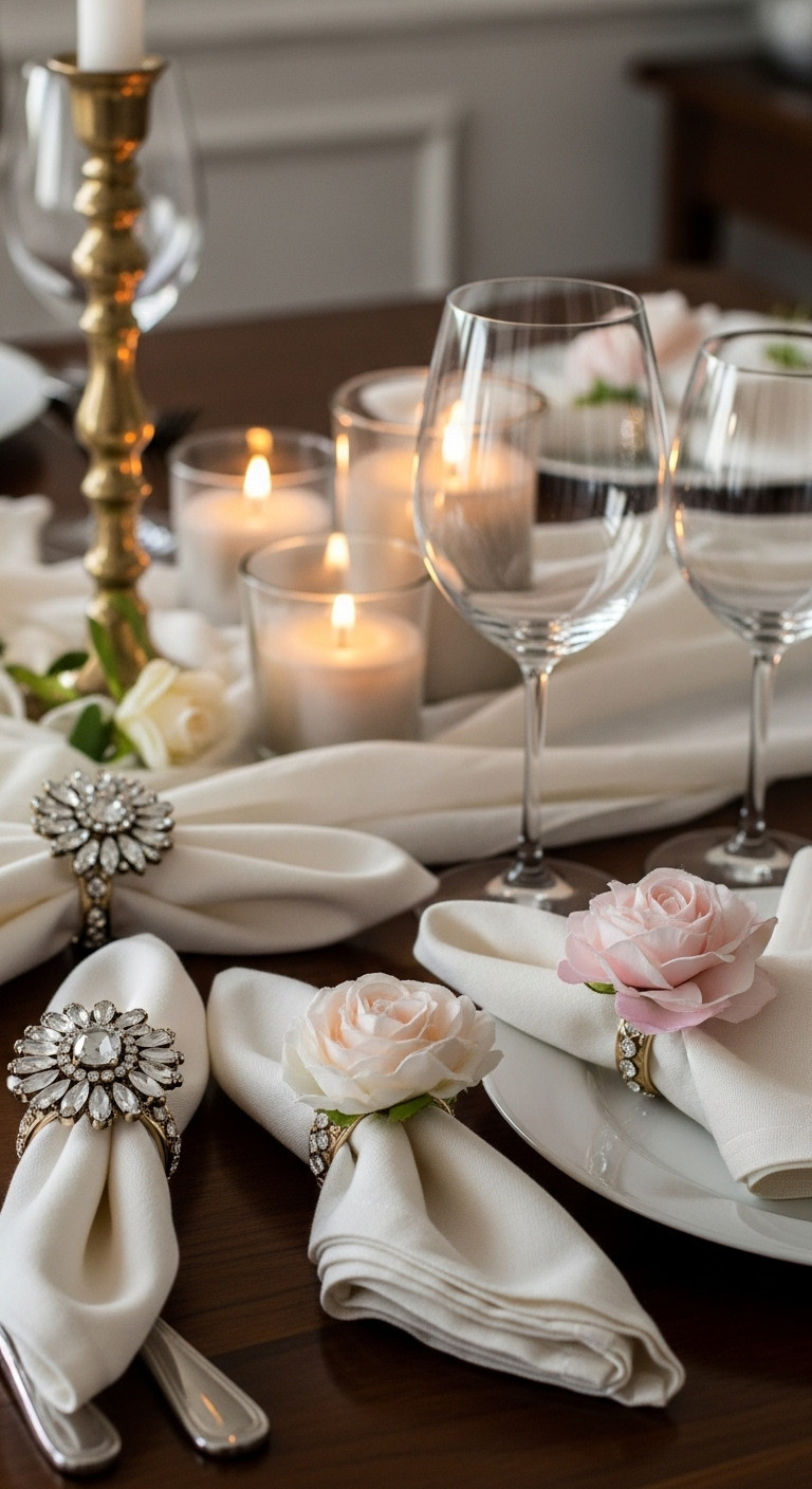 Elegant homemade jeweled and flower napkin rings on a dark wood dining table with blurred holiday tablescape
