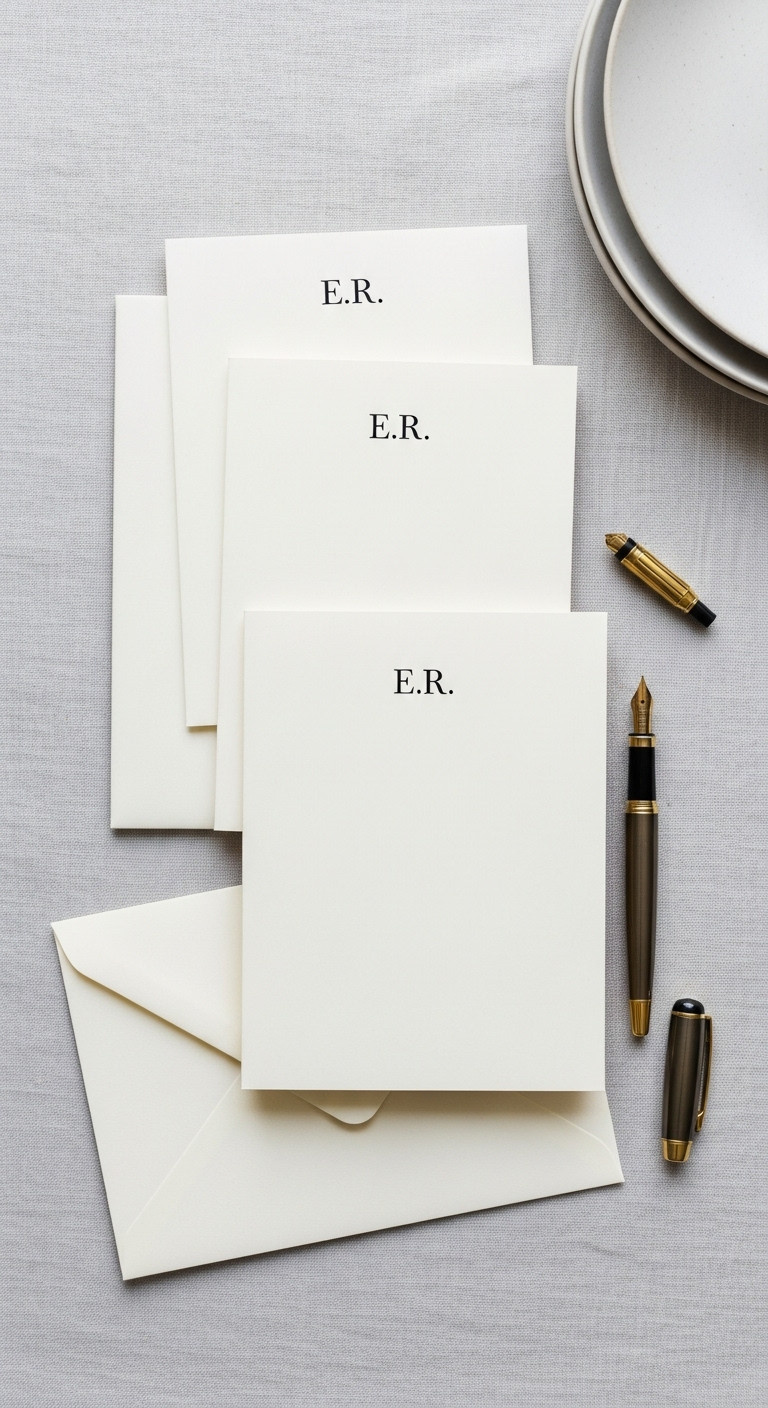 Elegant personalized stationery set with monogrammed notecards envelopes and a fountain pen on a light gray linen tablecloth