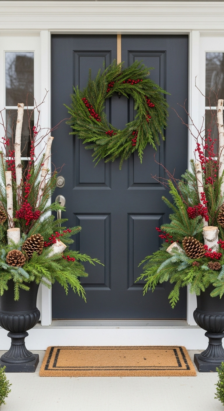 Elegant porch planters overflowing with evergreen boughs birch branches red dogwood twigs pinecones and faux berries flanking a front door