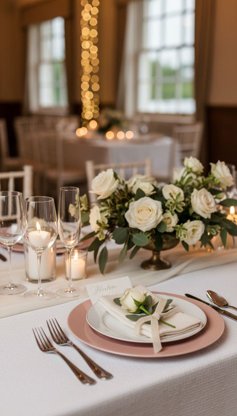 Elegant wedding table setting with roses, eucalyptus centerpiece, personalized menus, candles & glassware.
