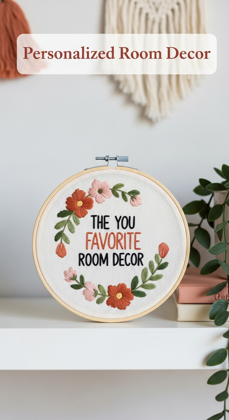 Embroidered wall art in a wooden hoop with a floral design and inspirational quote for personalized teen room decor