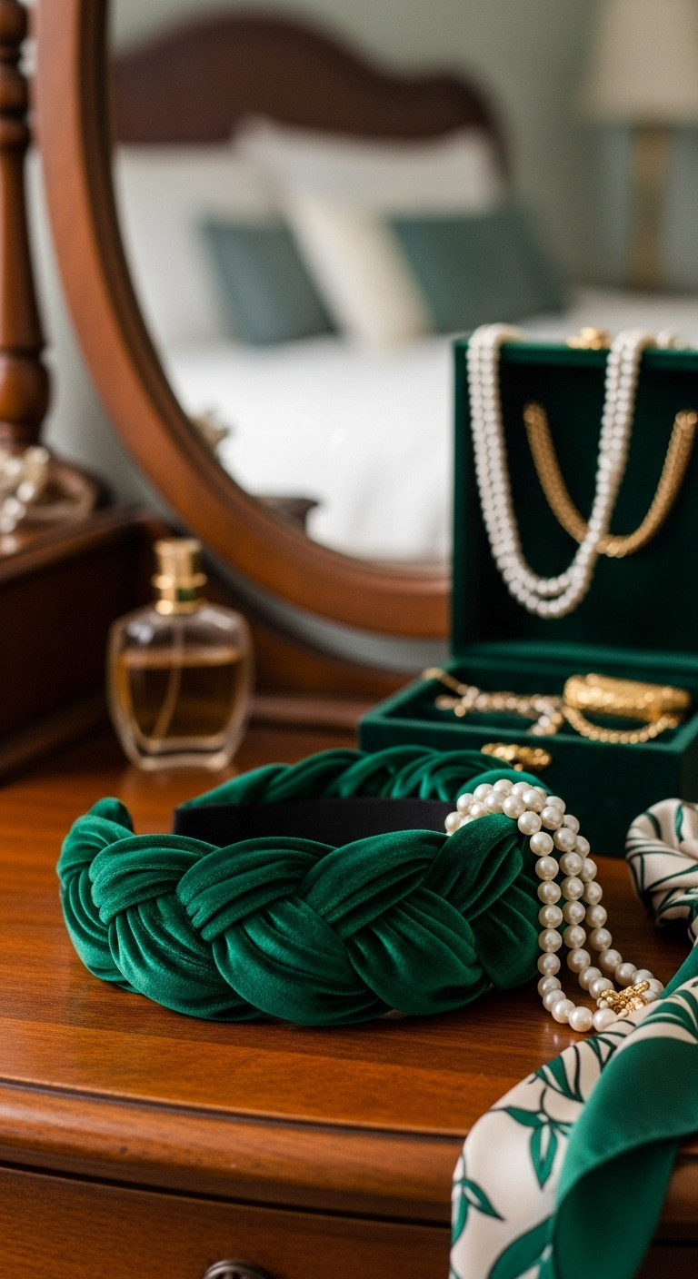 Emerald green no-sew braided velvet headband on a vintage wooden vanity table with a pearl necklace for parents