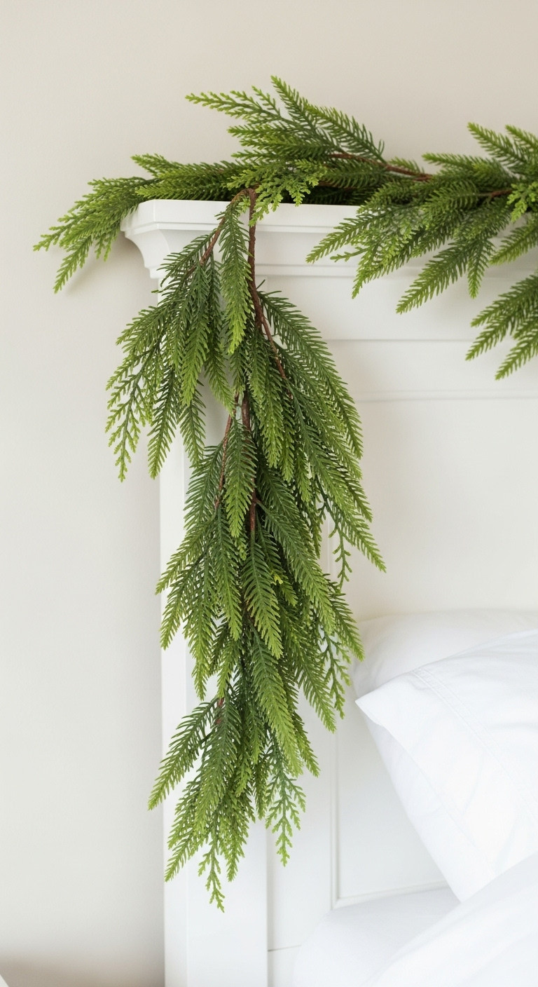 Faux cedar garland elegantly draped over a white headboard adding natural Christmas texture