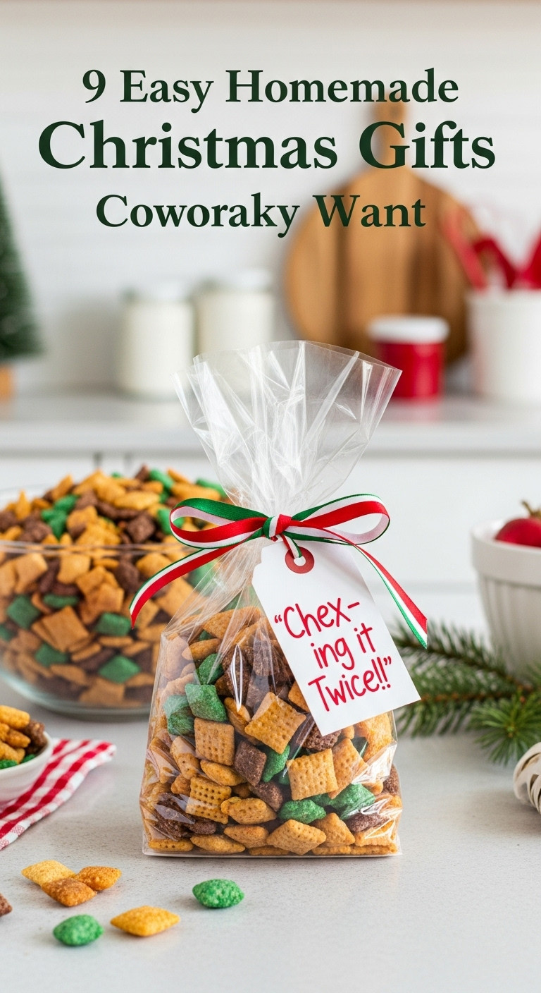 Festive Christmas Chex Mix in a cellophane bag with a red and green ribbon a perfect homemade coworker gift