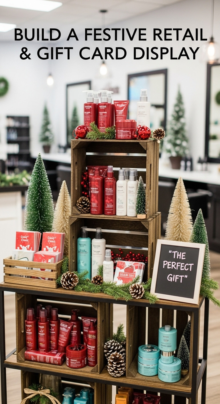 Festive Christmas retail display in a beauty salon featuring gift sets and gift cards
