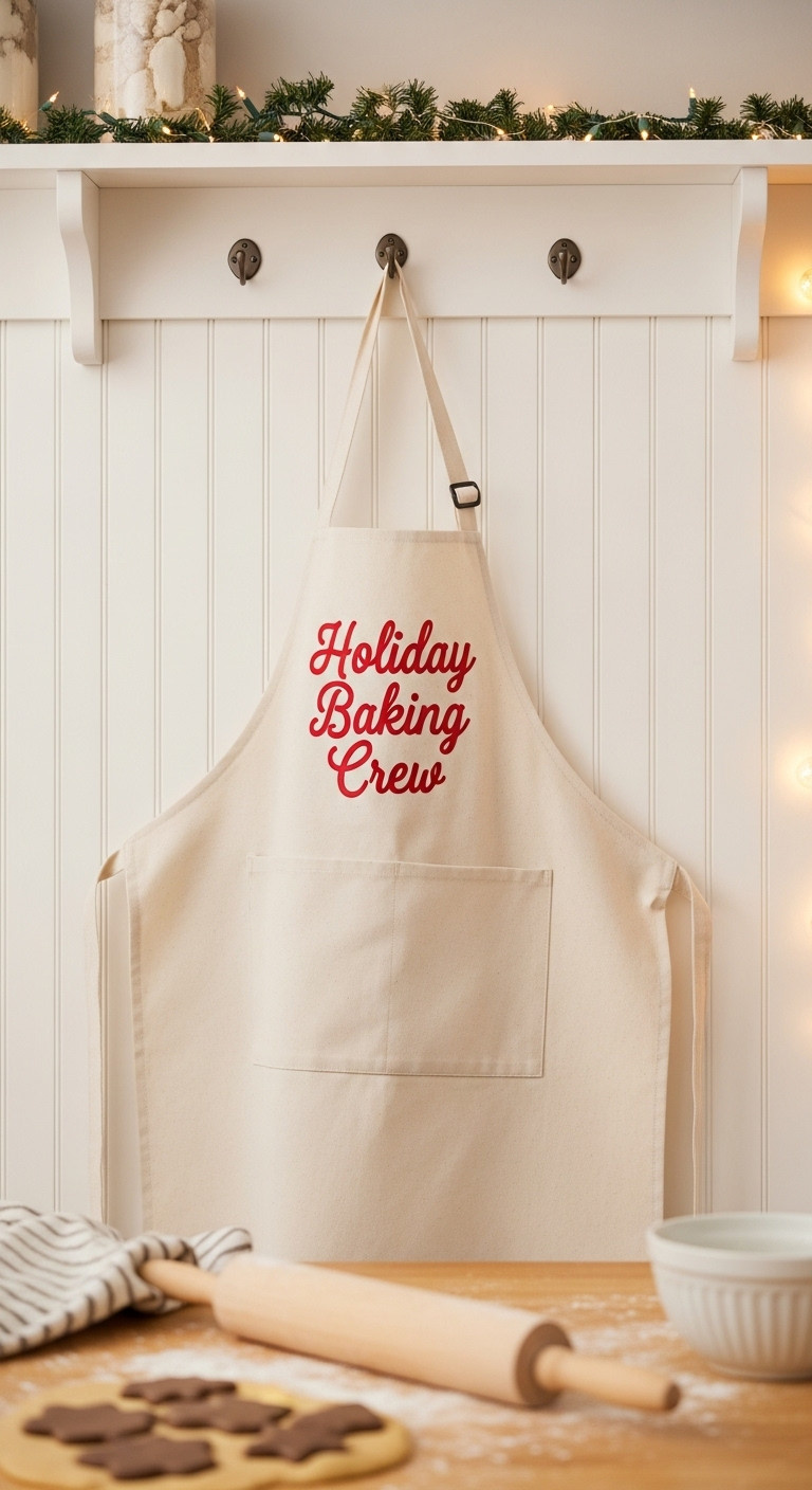 Festive cream canvas apron with red Holiday Baking Crew decal hanging on a kitchen wall with fairy lights and cookie dough