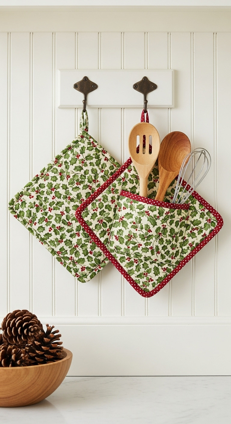 Festive quilted potholders with a holly and berries pattern hanging on a kitchen wall for parents