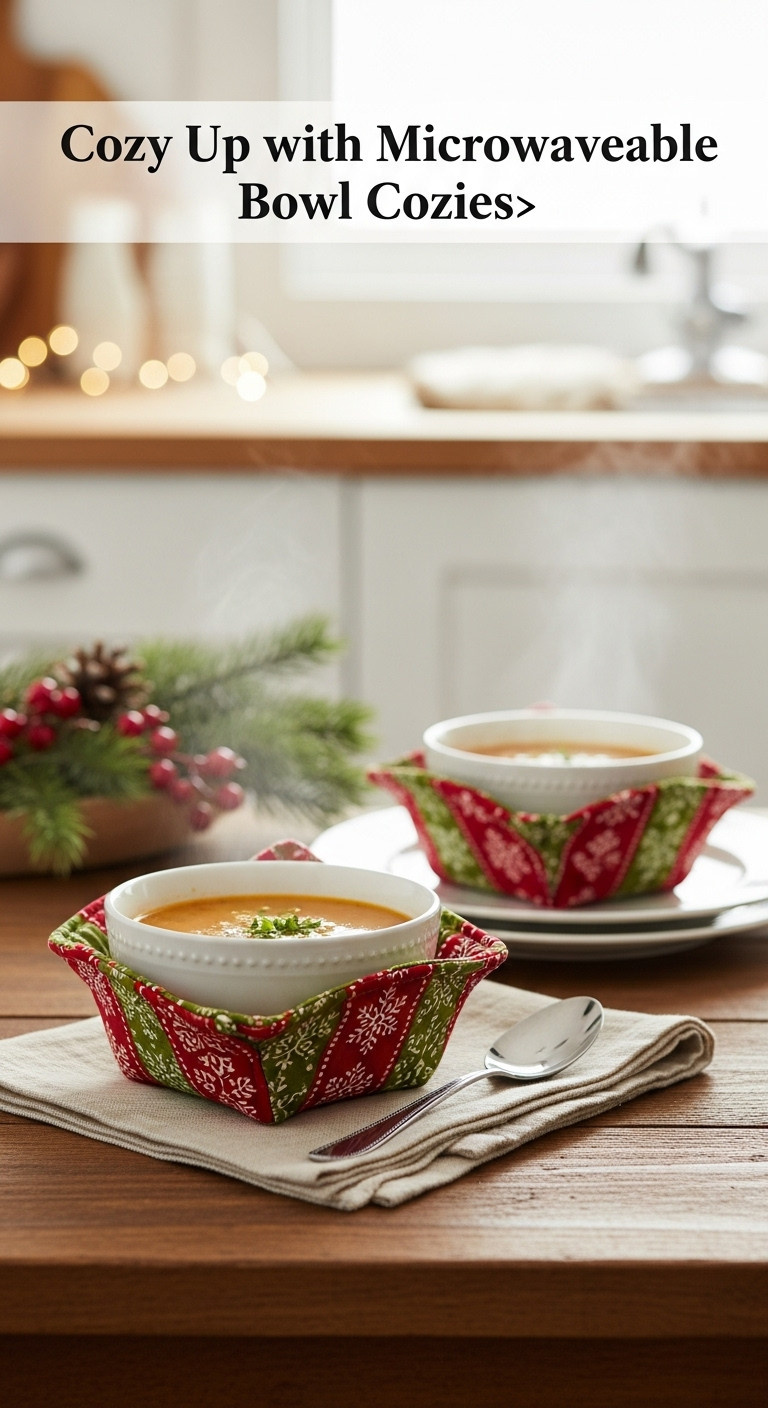 Festive red and green microwaveable bowl cozies with a bowl of soup on a rustic wooden table with a blurred Christmas kitchen background
