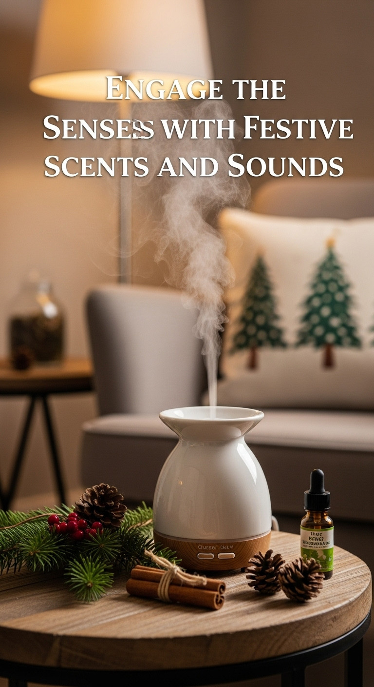 Festive salon waiting area with essential oil diffuser pine cuttings and cinnamon sticks for sensory engagement