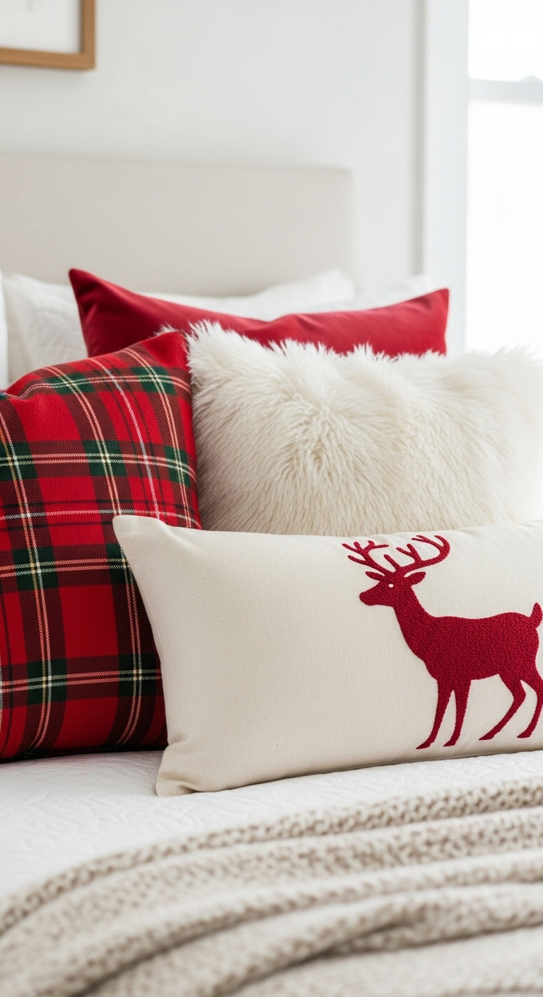 Festive throw pillows including red plaid faux fur and embroidered reindeer on a bed