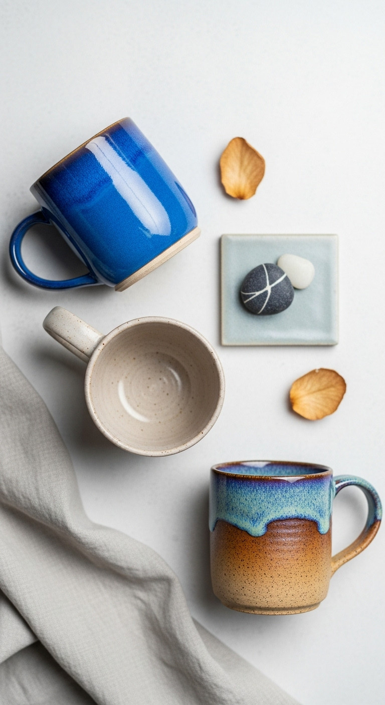Flat lay of three handmade mugs with diverse glazes: glossy blue, matte neutral, and earthy speckled. Artisan ceramic kitchenware.