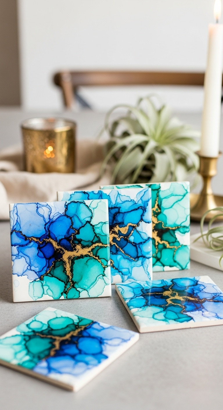 Four ceramic tile coasters with vibrant alcohol ink and Sharpie designs in blue teal and gold on stone surface