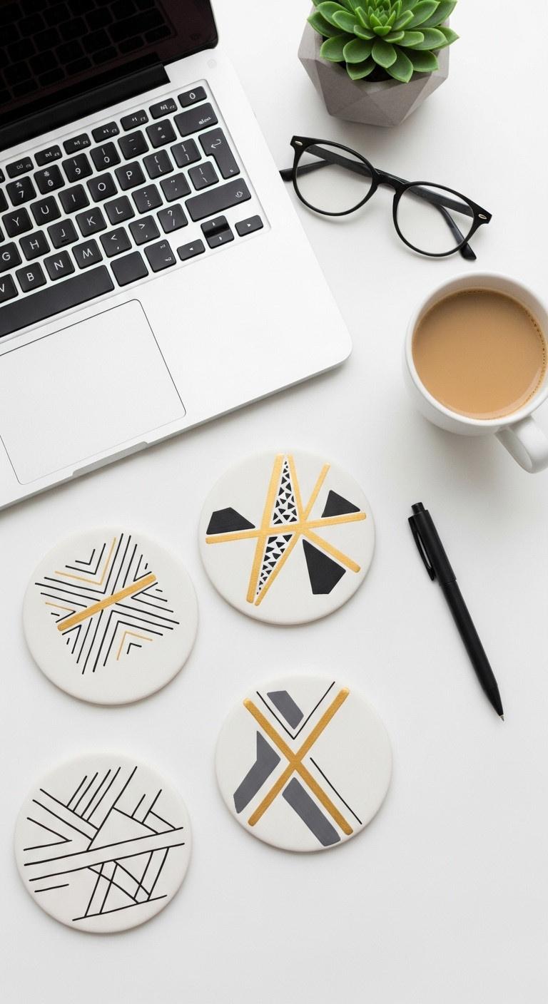 Four white ceramic coasters with black and gold geometric patterns on a minimalist white desk with laptop and coffee