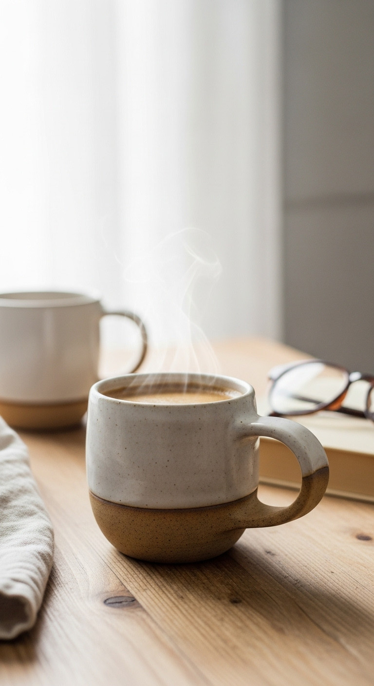 Functional hand-built clay mug with ergonomic thumb rest, comfortable grip, steaming coffee on rustic wooden table.