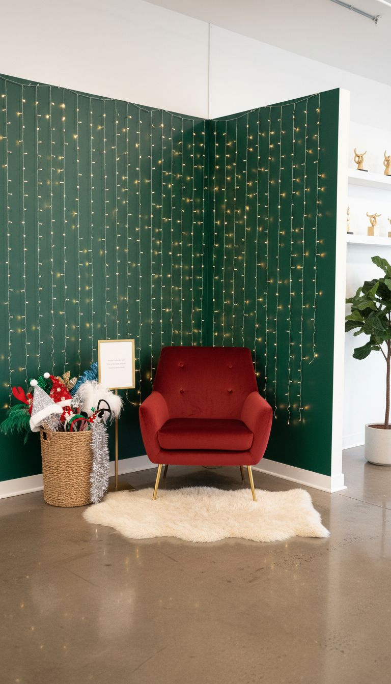 Glamorous Christmas beauty salon selfie wall with fairy lights and plush armchair for clients