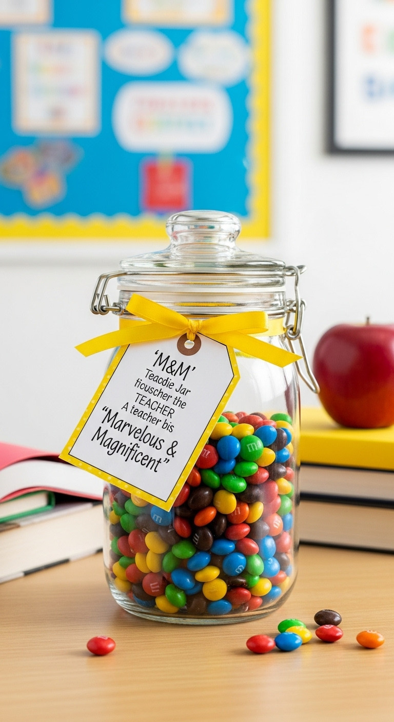 Glass cookie jar filled with colorful M&M candies and a clever poem tag tied with a yellow ribbon