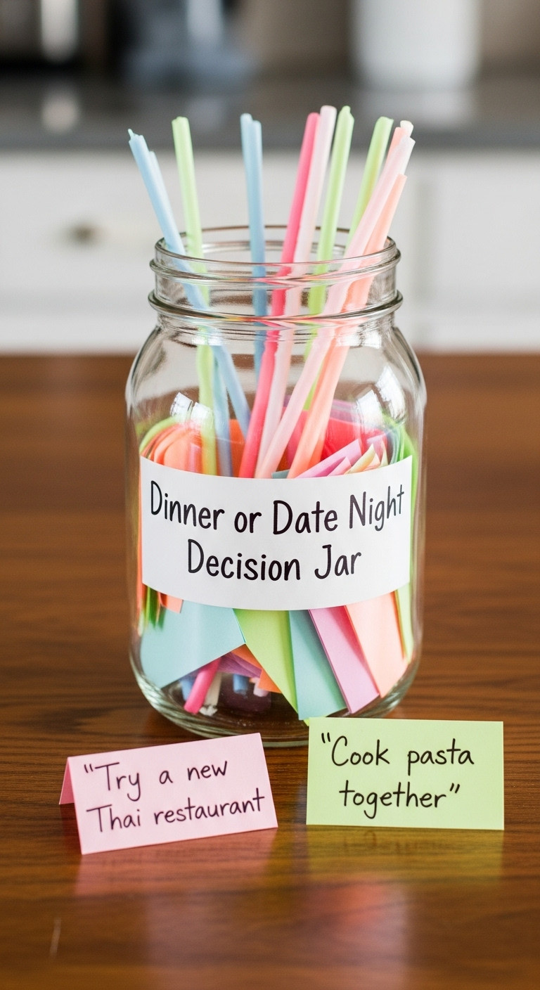 Glass jar filled with colorful decision slips, some unfolded showing dinner ideas on a wooden table with blurred fairy lights