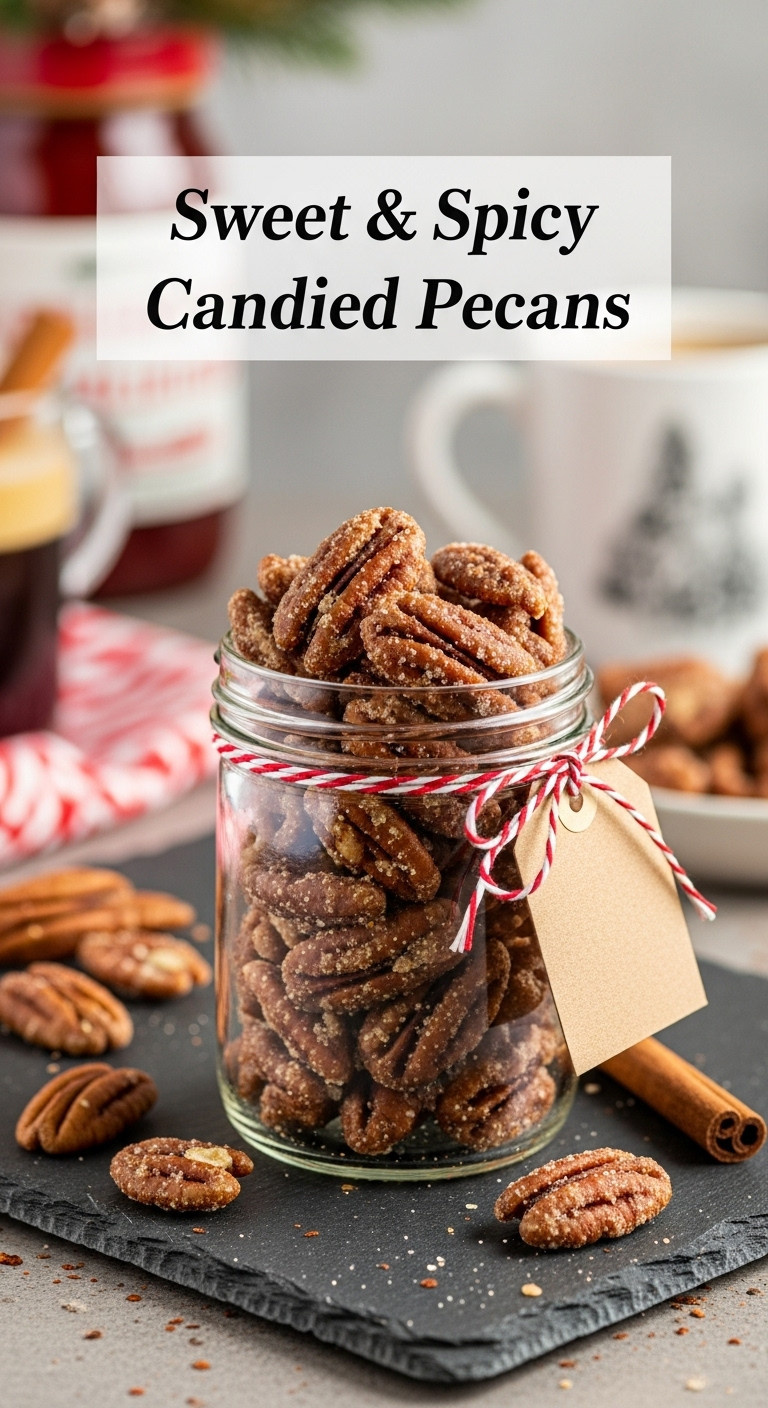 Glistening candied pecans in a small jelly jar with a cinnamon stick and festive tag on a dark slate board