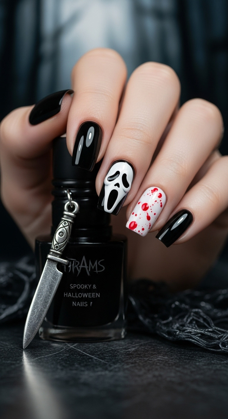 Glossy black Halloween nails with white Scream mask design and eerie horror aesthetic on obsidian with dramatic lighting