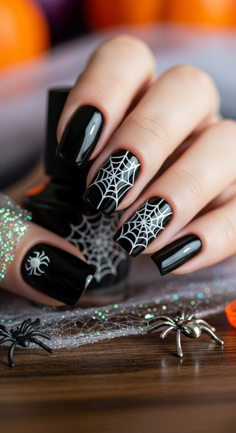 Glossy black Halloween nails with white spiderweb design and spooky decor for Pinterest
