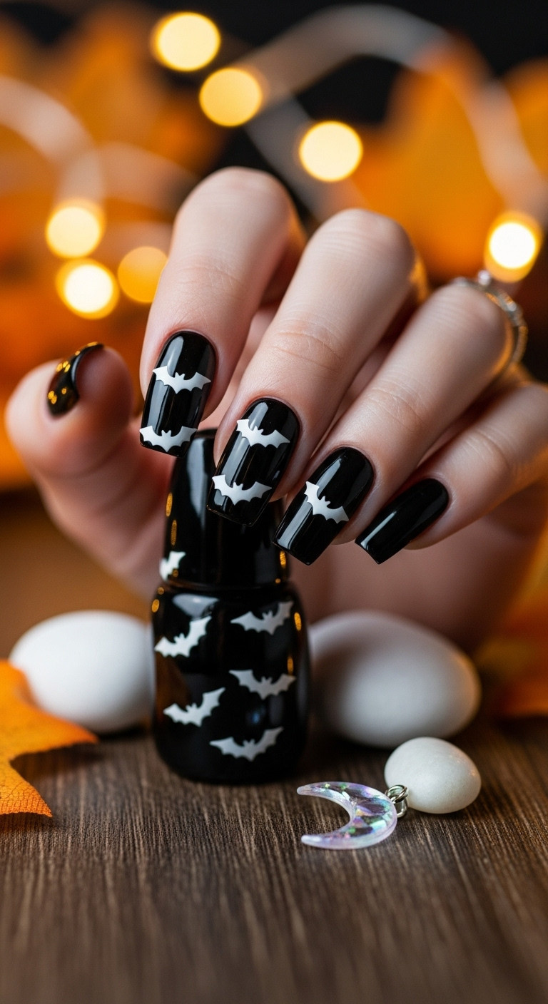 Glossy black nails white bat silhouettes warm golden light bokeh background Halloween aesthetic