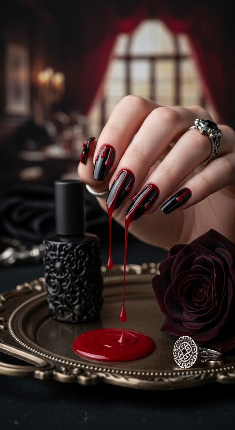 Glossy black nails with red blood drips on a gothic background with a black rose and silver ring