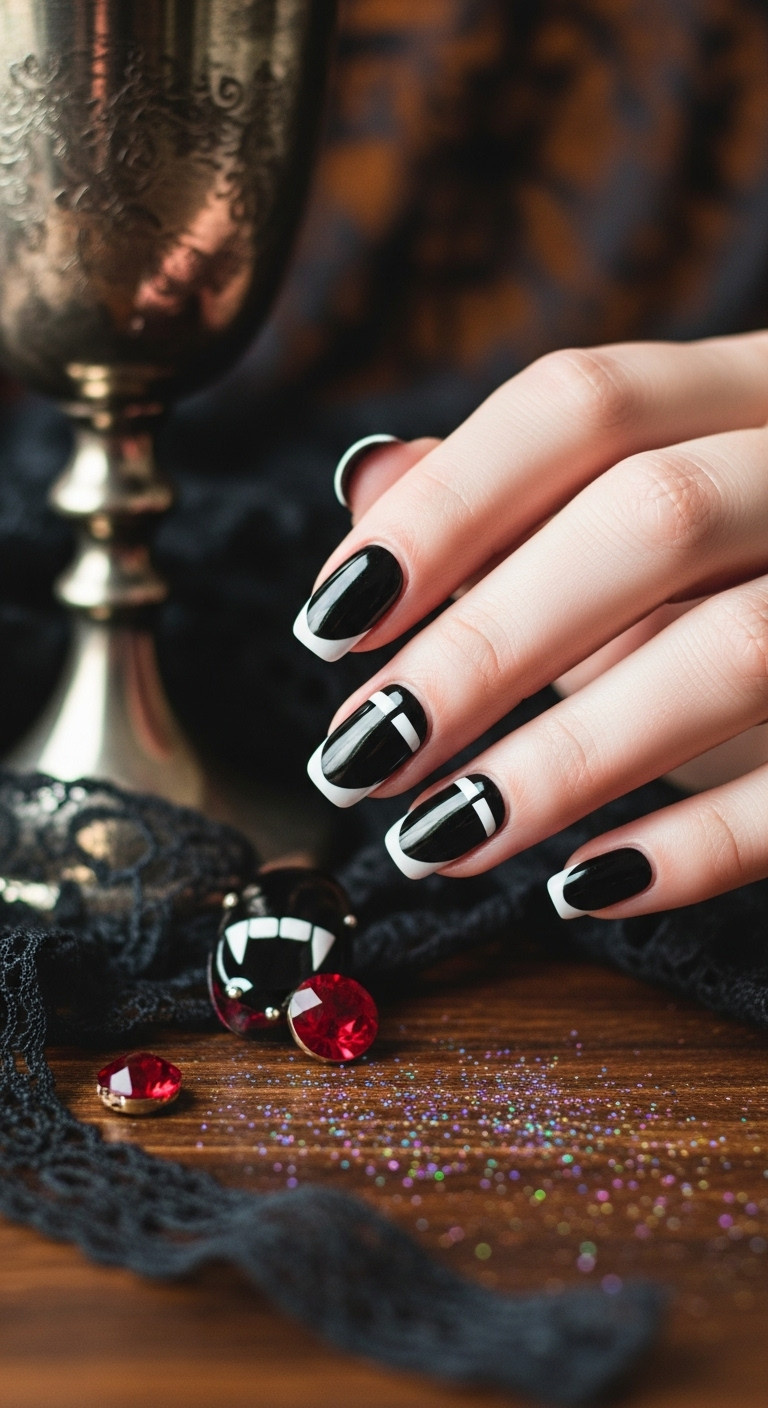 Glossy black vampire fang nails on dark wood with gothic lace and silver goblet bathed in golden hour light