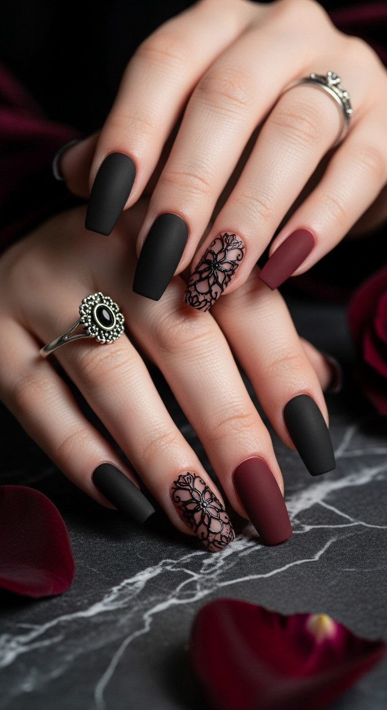 Gothic Matte Red Black Coffin Nails Lace Filigree Dark Marble Accent
