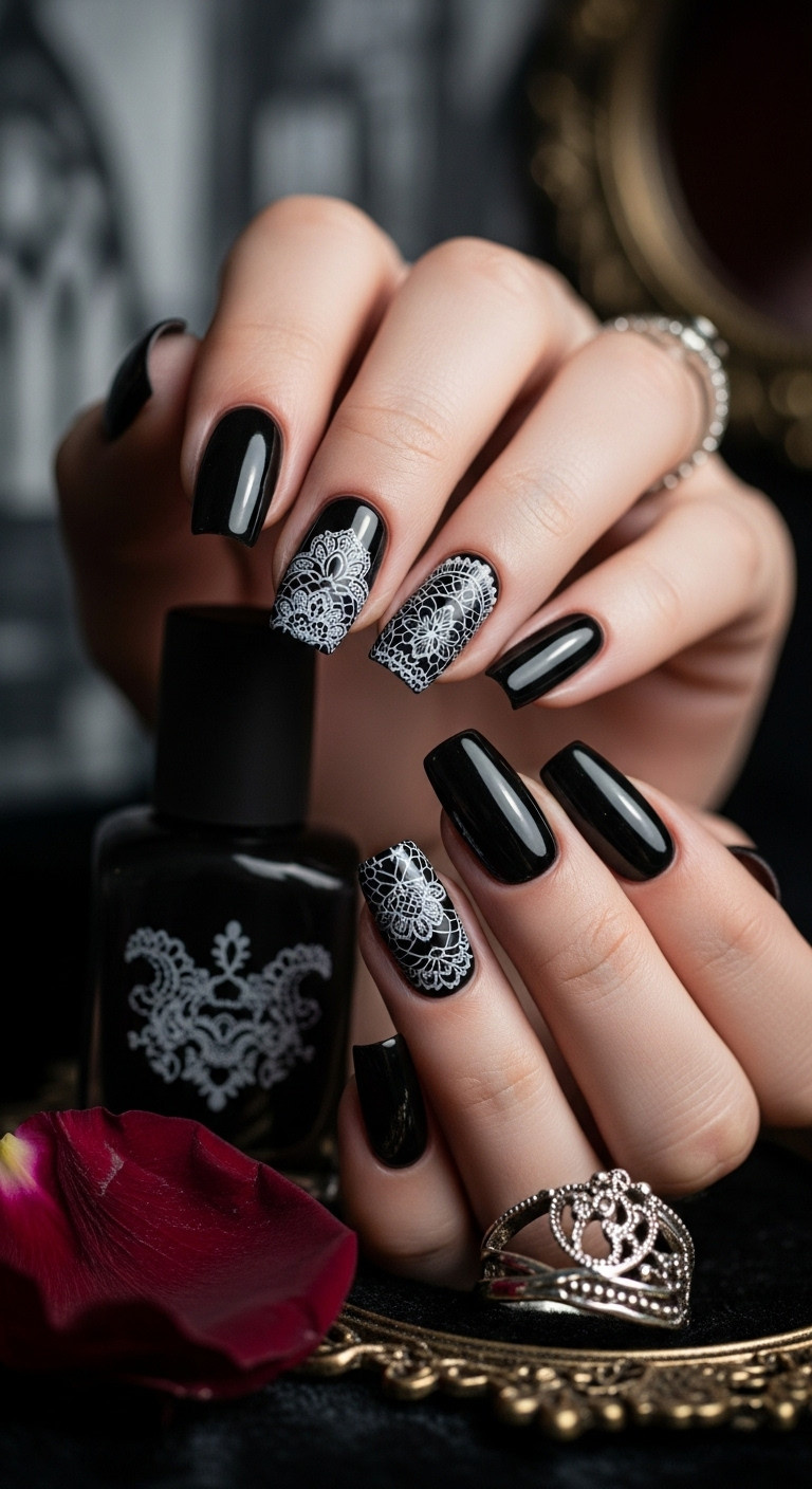 Gothic black lace Halloween nails on velvet with ring and rose petal