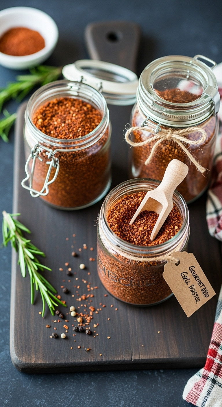 Gourmet BBQ spice rub in glass jars with scoop and kraft label on a rustic wooden cutting board with rosemary and peppercorns